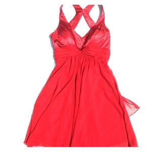 Backless red Frederick's of Hollywood prom dress